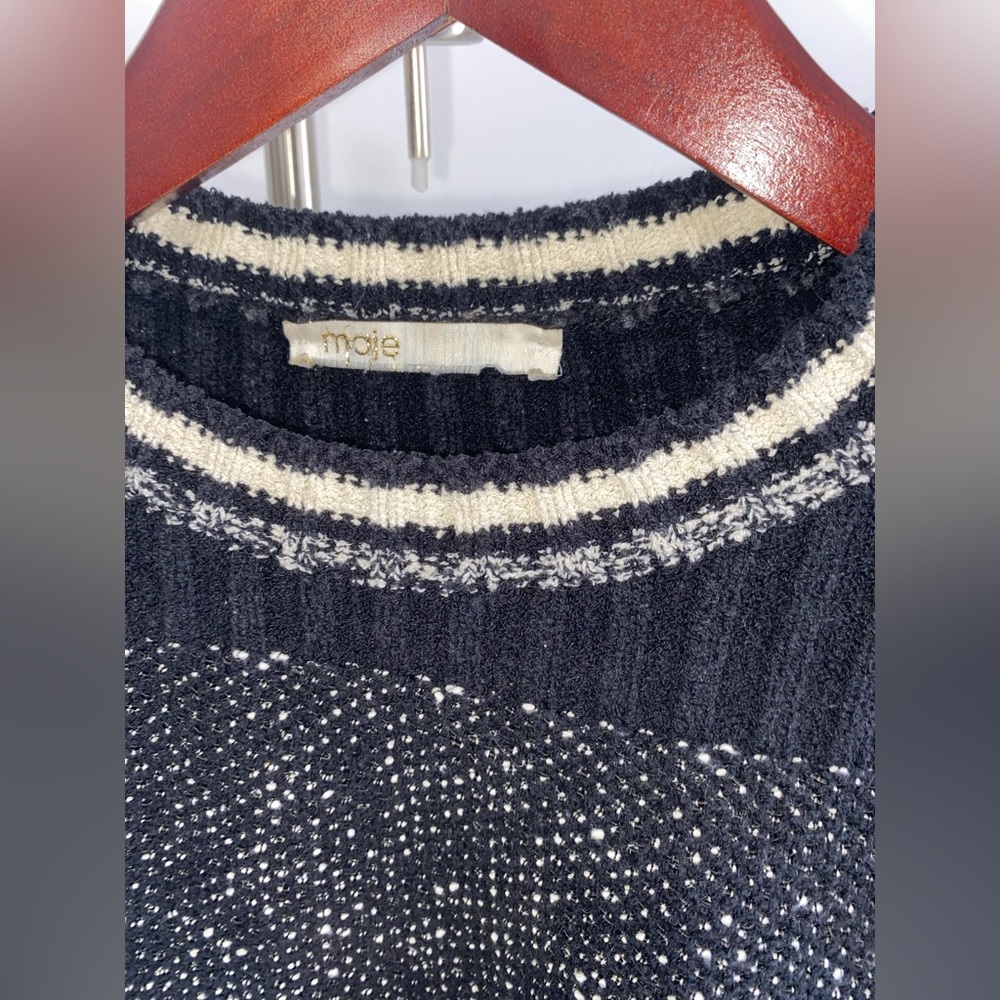 MAJE: Black and White Sweater with Zip on Shoulder